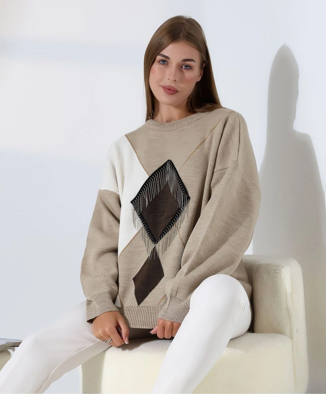 Redmina Fashion Geometrik Desenli Oversize Kadın Kazak Vizon - Kahverengi