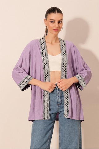 Bigdart 5866 Nakışlı Örme Kimono - Lila 001
