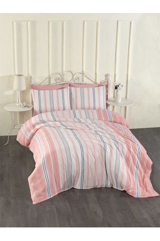 Pamuklu Somon Lastikli Çarşaf Nevresim Takımı 160x200 Çift Kişilik Pembe