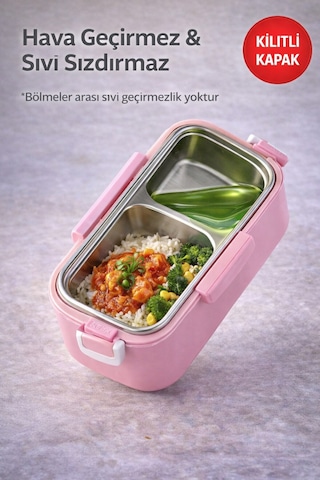 Pembe Benmarili Paslanmaz Çelik Yemek Kabı 2 Bölmeli Beslenme Kabı Saklama Kabı Lunch Box Diğer