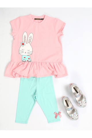 Bunny Kolları Fırfırlı Tunik + Tayt Takım-pembe Pembe