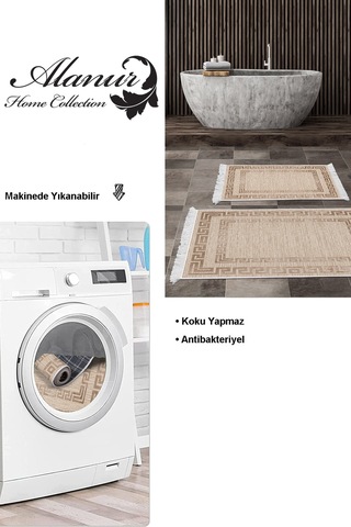 Dekoreko Kaymaz Taban Djt 2 Li Banyo Paspas Takımı Star Pamuk Saçaklı Modern F5036 Bej