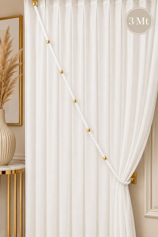 Beyaz Kruvaze Perde Tavan Korniş Bağlama Halatı - Gold Detaylı - Perde Süsü - 3 Metre - 1 Adet