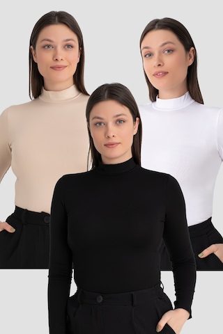 Arma Yıldız Kadın Beyaz Siyah Ten Balıkçı Yaka Uzun Kollu Body 3 Adet Çok Renkli