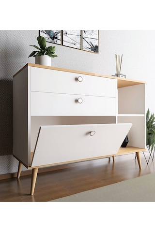 Floradesign Italy 120cm Şifonyer /çekmeceli Raflı Şifonyer / Çok Amaçlı Dolap/ Konsol Meşe/beyaz