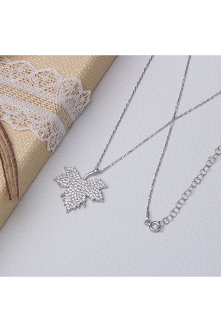 Çınar Yaprağı Model Zirkon Taşlı 925 Ayar Gümüş Kadın Kolye Gümüş - Rodyum