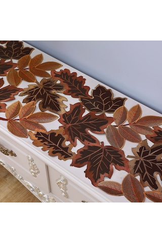 Skycity Kahverengi Akçaağaç Yaprak Desenli Noel Bayramı Şefaf Dikişli Polyester Masa Örtüsü 35x220 Cm Sonbahar Kürkü Ve Balıkçı Kabak Desenli
