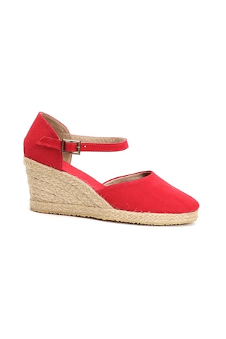 Star Tombis Gerçek Elişi Bilekten Bantlı Topuğu Açık Keten Espadril Dolgu Topuk Handmade Kırmızı