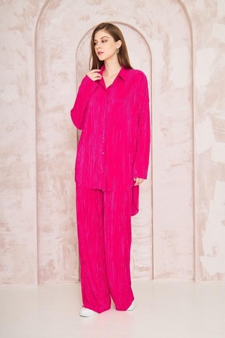 Kadın Pliseli Beli Lastikli Pantolon Tunik Gömlek Ikili Bürümcük Salaş Takım 3573300 Fuşya