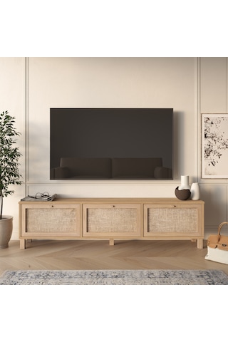 Robin Home Arizona Tv Ünitesi Sehpası Ahşap Ayaklı 3 Ahşap Jüt Kapaklı 180cm Sepet-jüt Kahverengi