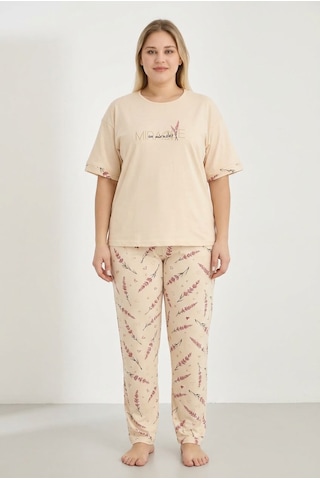 Lukitus Büyük Beden Kısa Kollu Milan Kumaş Kadın Pijama Takımı Krem