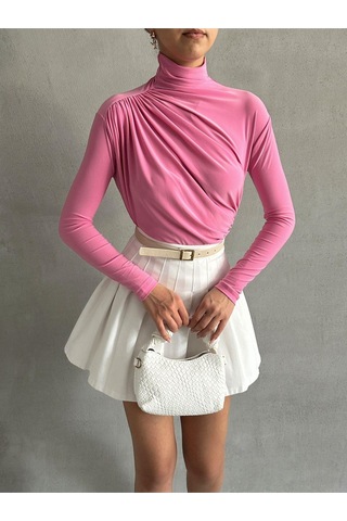Kadın Büzgü Detaylı Dik Yaka Sandy Bluz Pembe