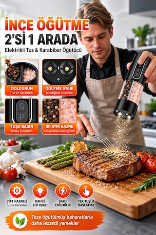 Auhma Ahb-15 Akıllı Led Ekranlı Şarjlı Otomatik Tuz Karabiber Öğütücü 3 Hız Ayarlı Seramik Bıçaklı Siyah