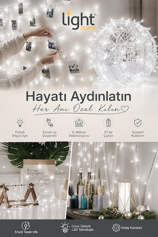Kablolu Led Işık Zinciri Beyaz Dekoratif Led Aydınlatma Oda Duvar Yatak Odası Parti Yılbaşı Süsü 1,5 Metre 10 Led