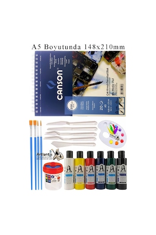 Canson Çok Amaçlı Sanatsal Blok A5 200 Gr 20 Yaprak 1 Adet 6 Renk Akrilik Boya Fırça Palet Spatula Fırça Temizleme Kabı