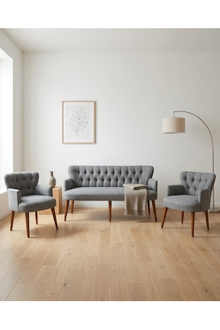 Roma 3+1+1 Keten Kumaş Balkon Ofis Çay Seti Bekleme Koltuk Takımı - Ahşap Ayak - Açık Gri