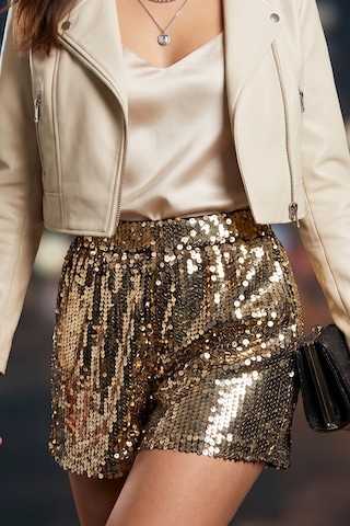 Fashion Cocktail Yansımalı Yüksek Bel Payet Dökümlü Pullu Payetli Bel Lastikli Parıltılı Mini Yüksek Bel Kombin Gece Kokteyl Şort Altın