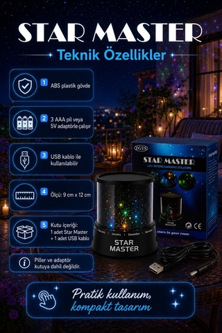 Tavan Ve Duvar Yansıtmalı Renk Değiştiren Yıldız Projektör Gece Lambası Çok Renkli