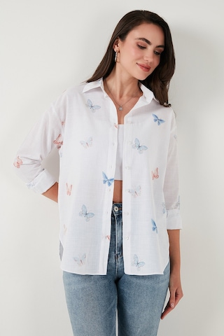 Lela Pamuk Ve Keten Karışımlı Regular Fit Desenli Bayan Gömlek 6773195 Ekru