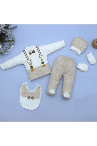 Bombinoo Kahverengi Ayıcıklı Kahve Papyonlu Yenidoğan Bebek 5 Li Hastane Çıkış Seti K2151 Kahverengi