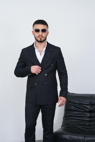 Dupont Classics Dupont Slim Fit Sivri Yaka 6 Drop Çift Yırtmaç Çizgili Viskon Kruvaze Erkek Takım Elbise Koyu Lacivert