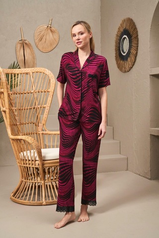 Pjs 25140 Kadın Yakalı Düğmeli Desenli Kısa Kollu Pijama Takım Bordo