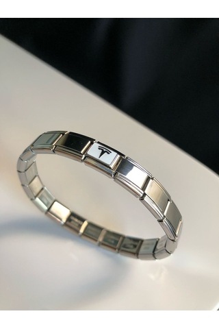 Erkek Kadın Çelik Bileklik - Tesla Logo Model Italy Nomi Charm Sevgiliye Eşe Babaya Gümüş