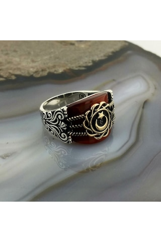 Fkgümüş Akik Taşlı Ay Yıldız Erkek Yüzük