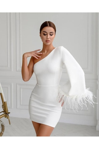 Double Kumaş Tüy Detaylı Elbise Beyaz Beyaz