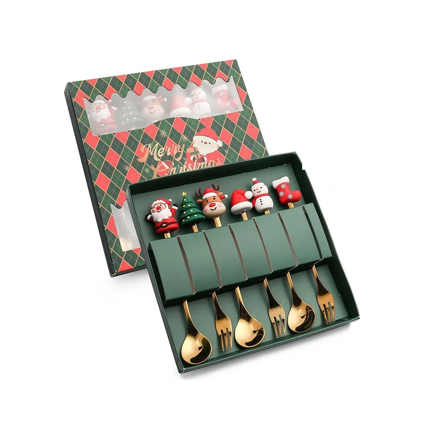 Dianziye Noel Hediyelik 6'lı Çelik Kaşık-çatal Seti: Yemek, Tatlı, Noel Dekoru, Çamaşır Makinesine Uygun, Hediye Kutulu Yeşil