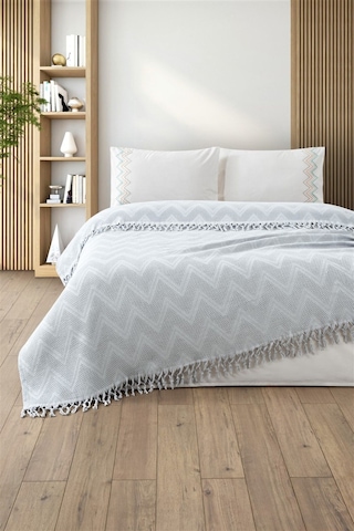 Waflfle Bağlama Saçaklı Çift Kişilik Pike Takımı-delfina-gri Grı Gri