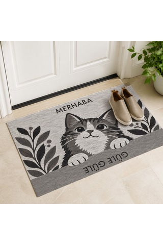 Kartela Halı Merhaba Güle Güle Kedili Kapı Paspası Antrasit Kaymaz Kauçuk Taban Yıkanabilir 60x90 Cm