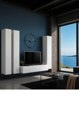 Mac Dizayn Fasalıs Boy Dolaplı 140 Cm Beyaz Parlak Tv Ünitesi Modern Duvar Tipi Minimalist Tasarım Parlak Beyaz