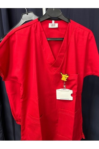 Doktor Hemşire Scrubs Üniforma Ligralı Kırmızı