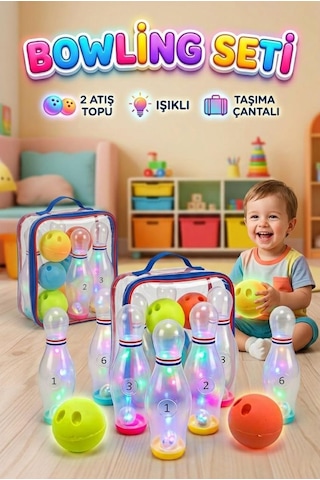 8 Parçalı Şeffaf Işıklı Ve Sesli 6'lı Labutlu 2 Toplu Taşıma Çantalı Oyuncak Bowling Seti