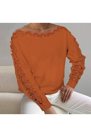 Vonda Kadın Sonbahar Dantel Yuvarlak Yaka Uzun Kollu Kazak Kazaklar Turuncu