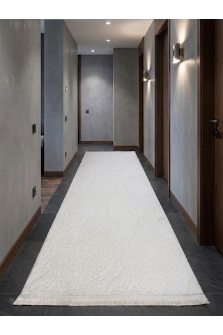 Rölyef Saçaklı Krem Joy Modern Yumuşak Dokulu Kabartmalı Kaymaz Taban Kesme Halı Yolluk Krem1