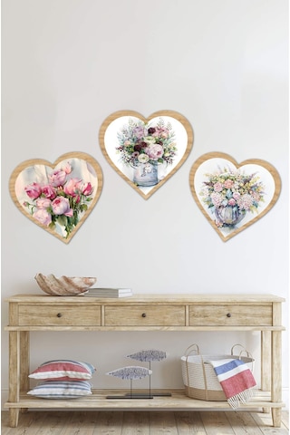 Kalp Şeklinde Çiçek Desenli 3'lü Ahşap Tablo Seti Kt3002 26 X 30