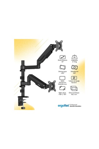 Ef S16 Çift Kol 17-32 İnch Uyumlu Amortisörlü 2-9 Kg Monitör Standı 2026 Versiyon
