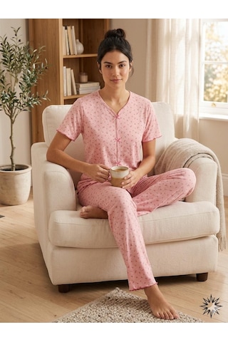 Sleeproom Yazlık Pembe Çiçek Desenli Kısa Kol Penye %100 Pamuk Pijama Takım Pembe Fuşya Çıtır Çiçek