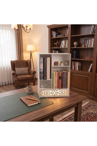 Işıklı Metal Masa Düzenleyici Masaüstü Kitaplık Minimalist Kitap Tutucu Beyaz