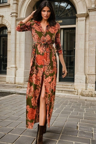 Haki Gömlek Yaka, Çiçek Desenli, Kuşak Detaylı, Uzun Elbise Haki