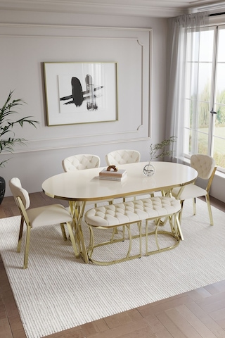 Mutfak Masası Takımı 6 Kişilik Masa Takımı Elma Avangarde Yemek Masa Takımı Benchli Gold