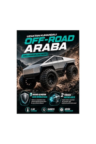 Tesla Cybertruck Görünümlü 1:18 Ölçü Uzaktan Kumandalı Pickup Araba Darbeye Dayanıklı Hafif Kasa - Işıklı - Şarj Edilebilir Pilli - 20x15cm Gri