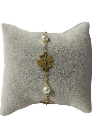 Çelik Yonca İnci Detaylı Altın Renk Kararmaz Bayan Bileklik Çelik