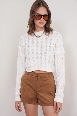 6863 Kadın Saç Örgülü Crop Triko Kazak Kemik Kemik