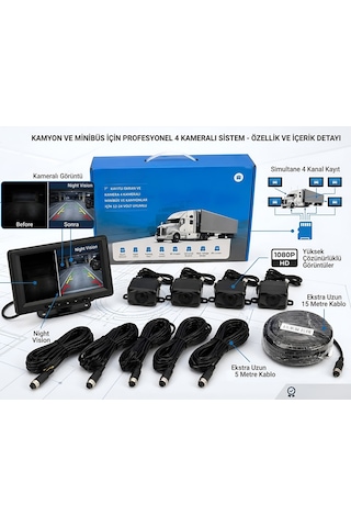 Mega Oto Market 4 Kameralı 7" Ekranlı Araç Kayıt Sistemi Minibüs & Kamyon Uyumlu 12-24v Hd Ekran