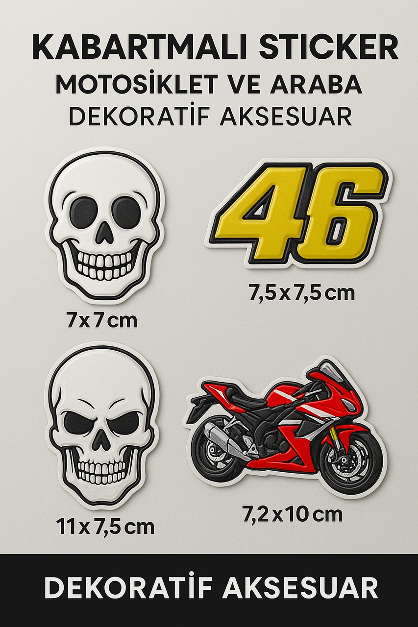 Kabartmalı Kuru Kafa Motor Ve Oto Sticker 10x7 Cm Ölçüsünde