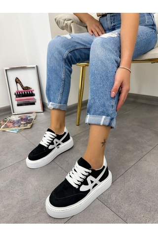 Erva'nın Butiği Siyah Beyaz Tig Kadın Bağcıklı Sneakers-4890 Siyah Beyaz Süet