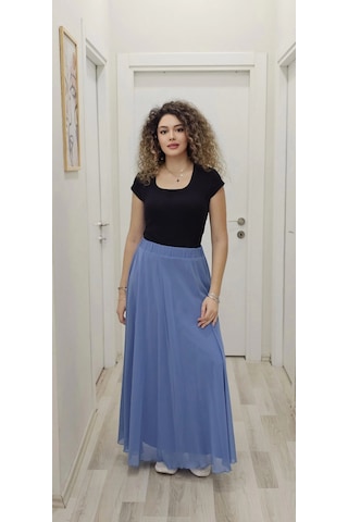 Bel Lastikli Kloş Şifon Etek 6003-indigo İndigo